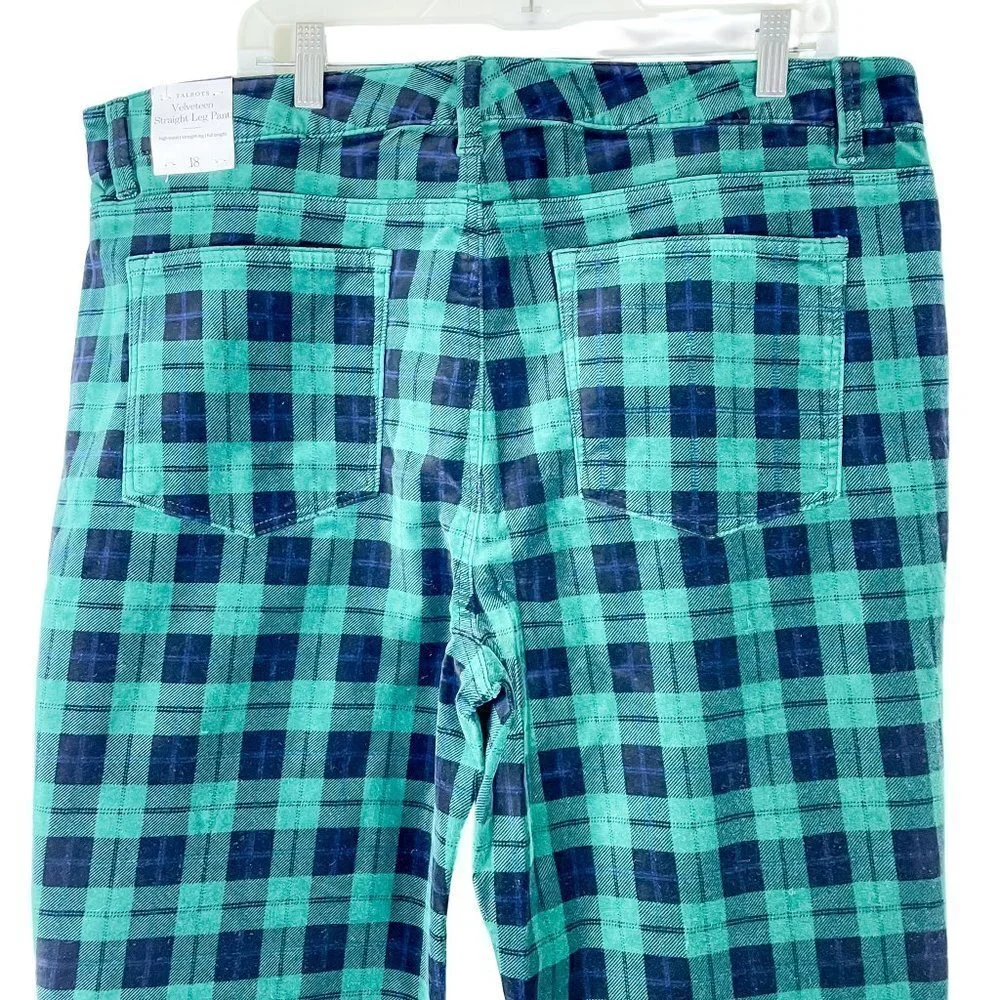 NWT Talbots High Waisted Velveteen Straight Leg Pants Green Plaid sz 18 - Picture 5 of 10